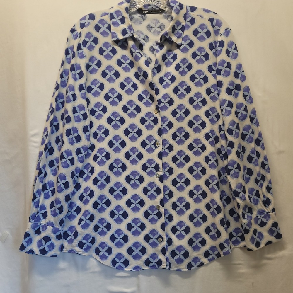 Zara Women Blue White Geometric Clover Print Linen Blend Button Down Shirt M